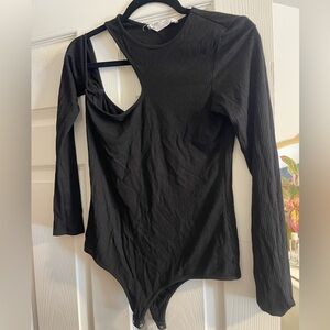 One shoulder long sleeve black ribbed super soft body suit